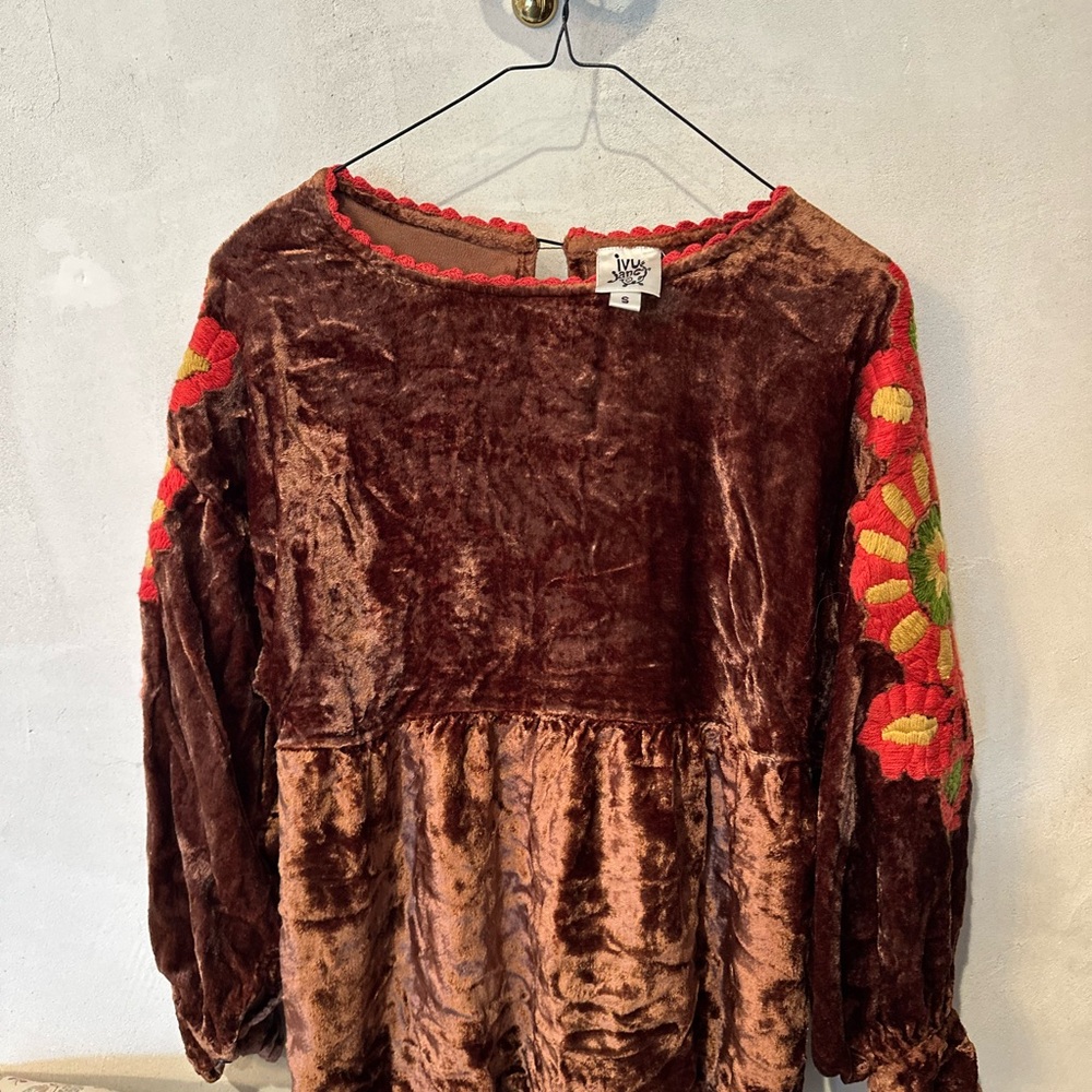 Ivy Jane Brown Velvet Blouse with Red and Green Accents